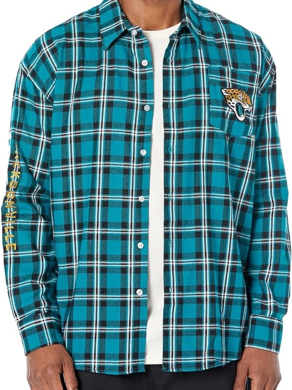 Men's NFL Jaguars Teal Plaid Button-Down Flannel Shirt with Team Patch